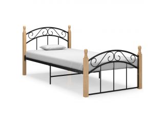 Rám postele černý kov a masivní dubové dřevo 90 x 200 cm