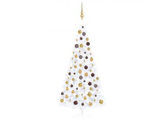 Umělý vánoční půl stromek s LED a sadou koulí bílý 210 cm