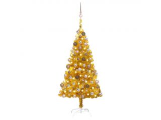 Umělý vánoční stromek s LED a sadou koulí zlatý 150 cm PET