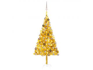 Umělý vánoční stromek s LED a sadou koulí zlatý 180 cm PET