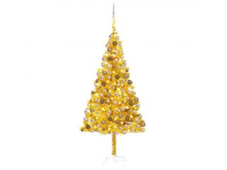 Umělý vánoční stromek s LED a sadou koulí zlatý 240 cm PET