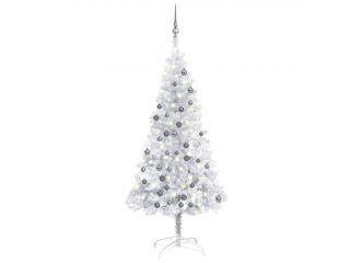Umělý vánoční stromek s LED a sadou koulí stříbrný 150 cm PET