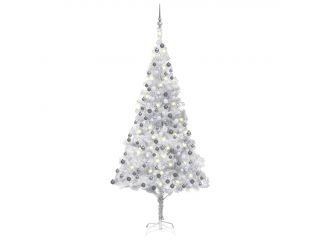 Umělý vánoční stromek s LED a sadou koulí stříbrný 210 cm PET