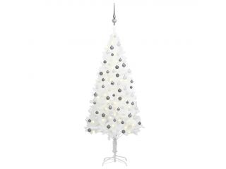 Umělý vánoční stromek s LED diodami a sadou koulí bílý 150 cm