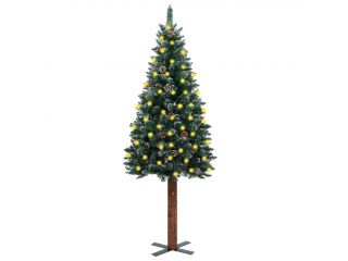 Úzký vánoční stromeček s LED pravé dřevo a sníh zelený 150 cm