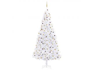 Umělý vánoční stromek s LED diodami a sadou koulí 300 cm bílý