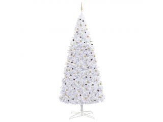 Umělý vánoční stromek s LED diodami a sadou koulí 400 cm bílý