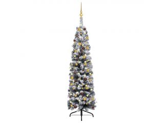 Úzký umělý vánoční stromek s LED a sadou koulí zelený 150 cm