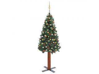 Úzký vánoční stromek s LED diodami a sadou koulí zelený 210 cm